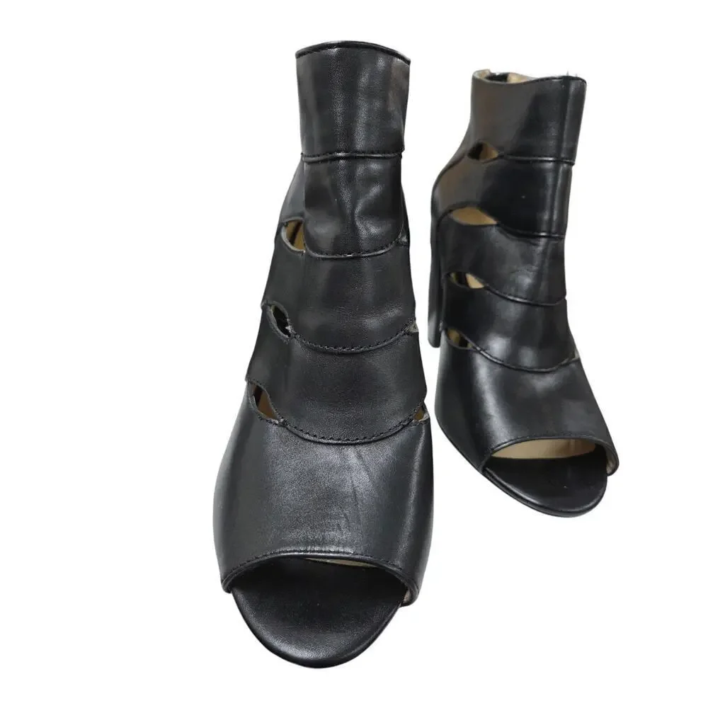 Adrienne Vittadini Black Cutout Peep-Toe Heels 9.5M Leather High Heel Dressy